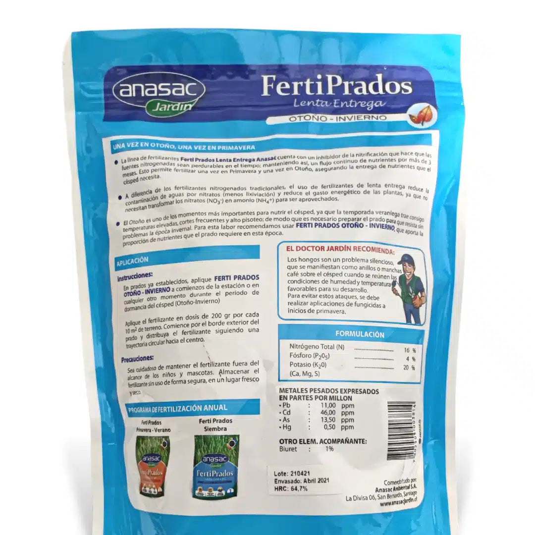 Fertilizante granulado Ferti Prados de 1 kg, específico para césped en otoño e invierno, con tecnología de liberación lenta para nutrición duradera y fortalecimiento de raíces.