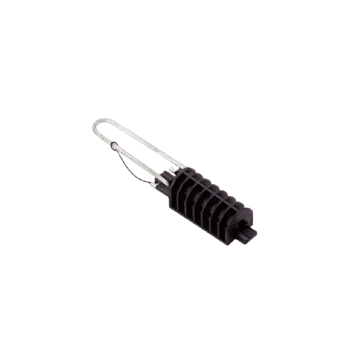Grampa de retención negra para cable concéntrico de distribución eléctrica.