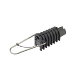 Grampa de retención negra para cable concéntrico de distribución eléctrica.