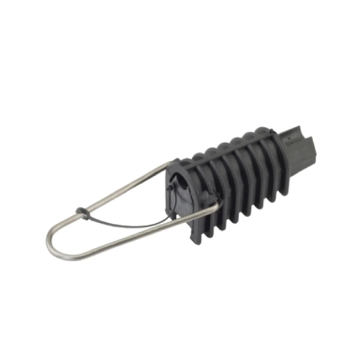 Grampa de retención negra para cable concéntrico de distribución eléctrica.