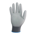 Guante de seguridad gris Multiprotec L1700 con palma de poliuretano y función touch screen.