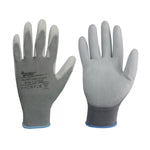 Guante de seguridad gris Multiprotec L1700 con palma de poliuretano y función touch screen.