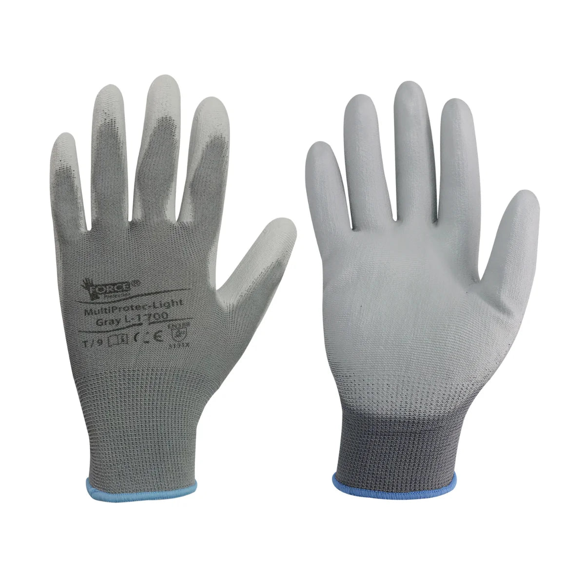 Guante de seguridad gris Multiprotec L1700 con palma de poliuretano y función touch screen.
