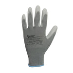 Guante de seguridad gris Multiprotec L1700 con palma de poliuretano y función touch screen.