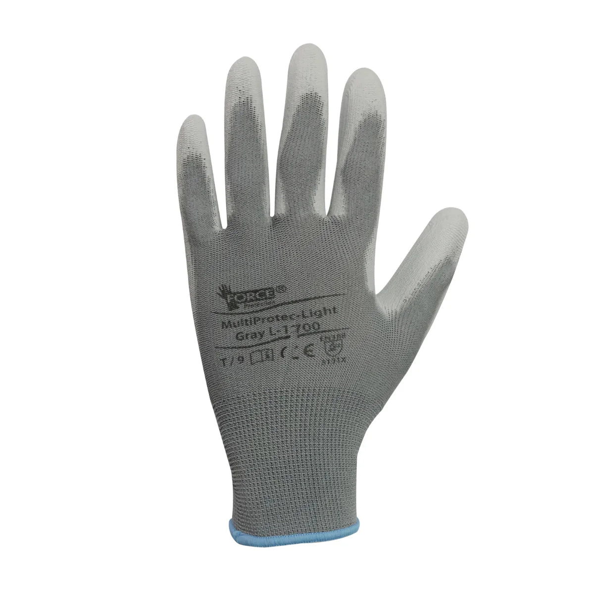 Guante de seguridad gris Multiprotec L1700 con palma de poliuretano y función touch screen.
