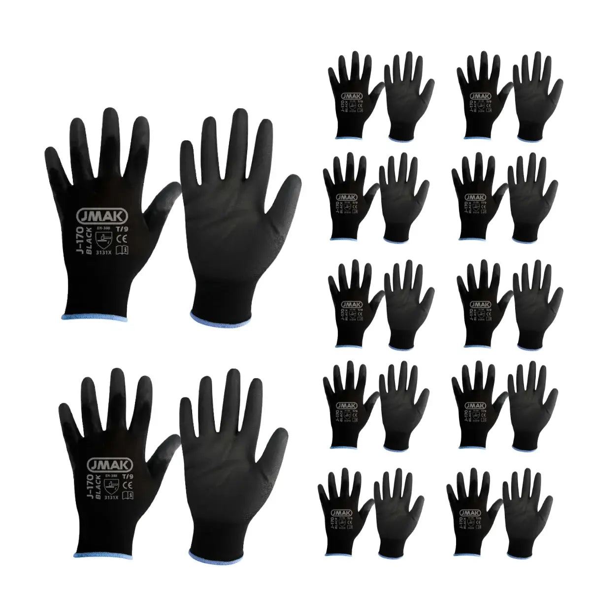 Guantes de seguridad Multiflex J170 con palma recubierta de Poliuretano (PU) gris o negro. Pack de 12