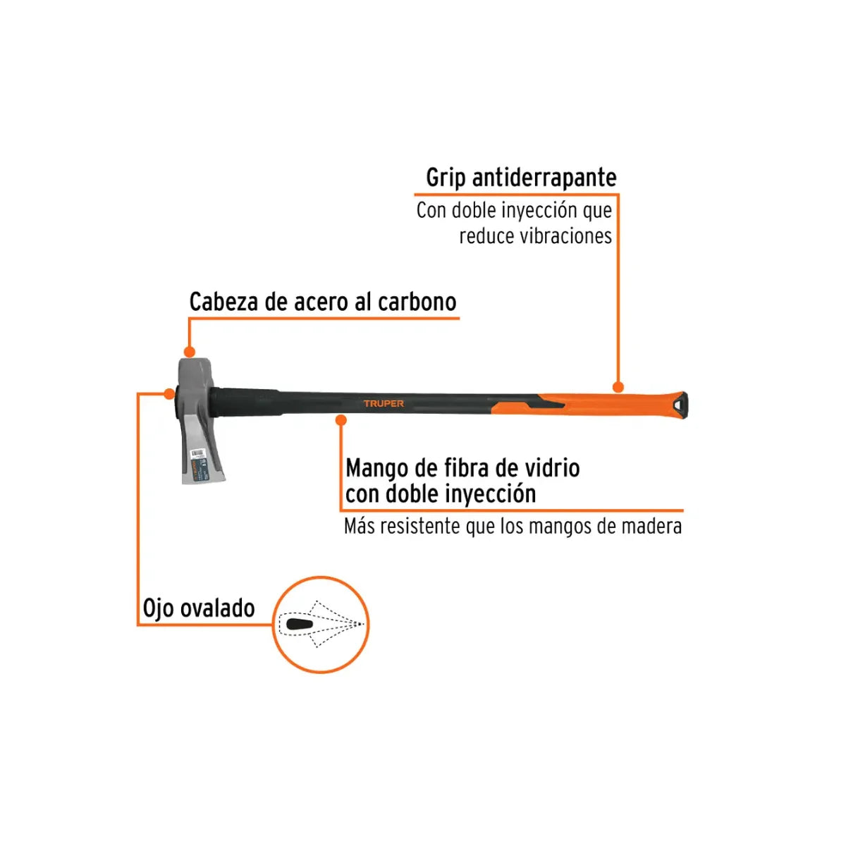 Hacha profesional Truper TJR-8FX de 8 libras para rajar madera con mango de fibra de vidrio de 91 cm de largo.