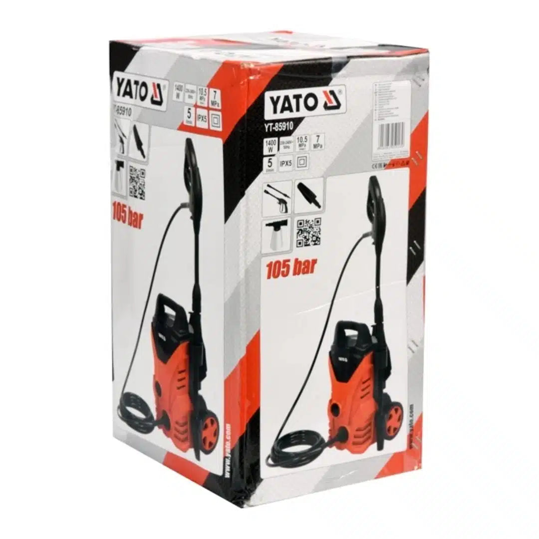 Hidrolavadora eléctrica Yato YT-85910 de 1500W y 105 bar, máquina de limpieza a presión compacta y robusta para tareas de limpieza doméstica y de jardín.