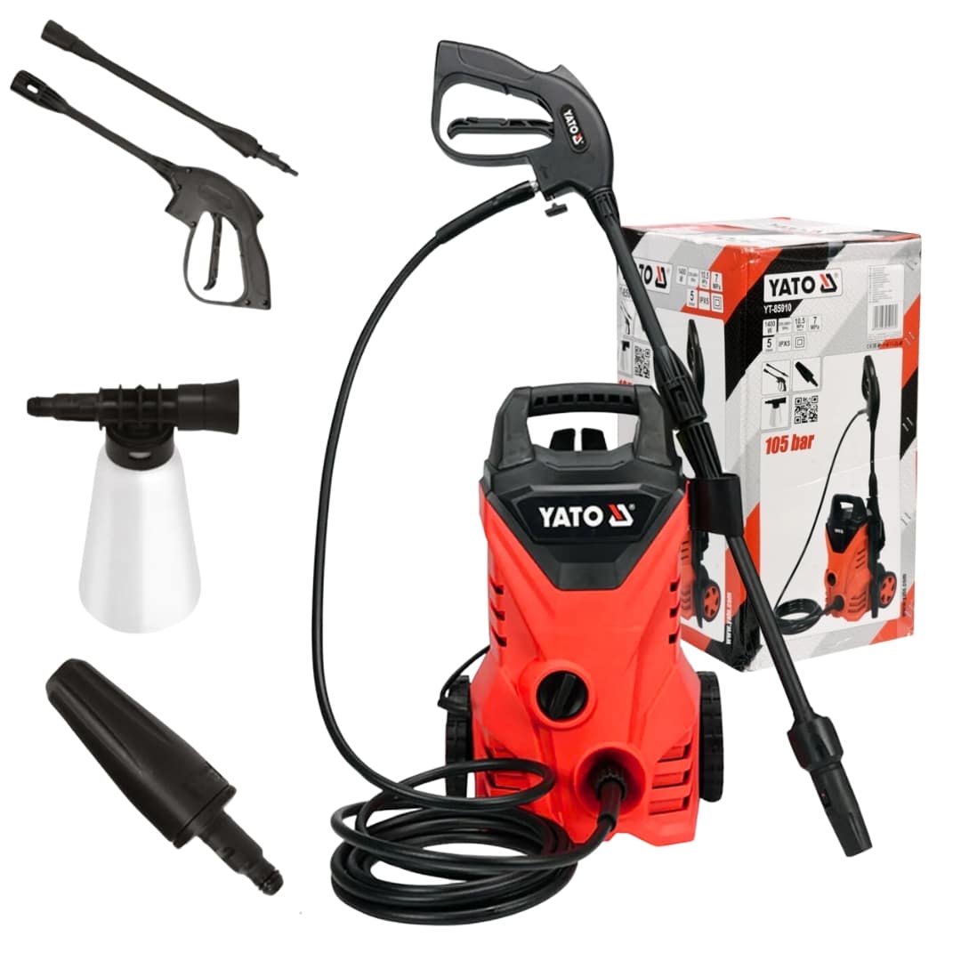 Hidrolavadora eléctrica Yato YT-85910 de 1500W y 105 bar, máquina de limpieza a presión compacta y robusta para tareas de limpieza doméstica y de jardín.