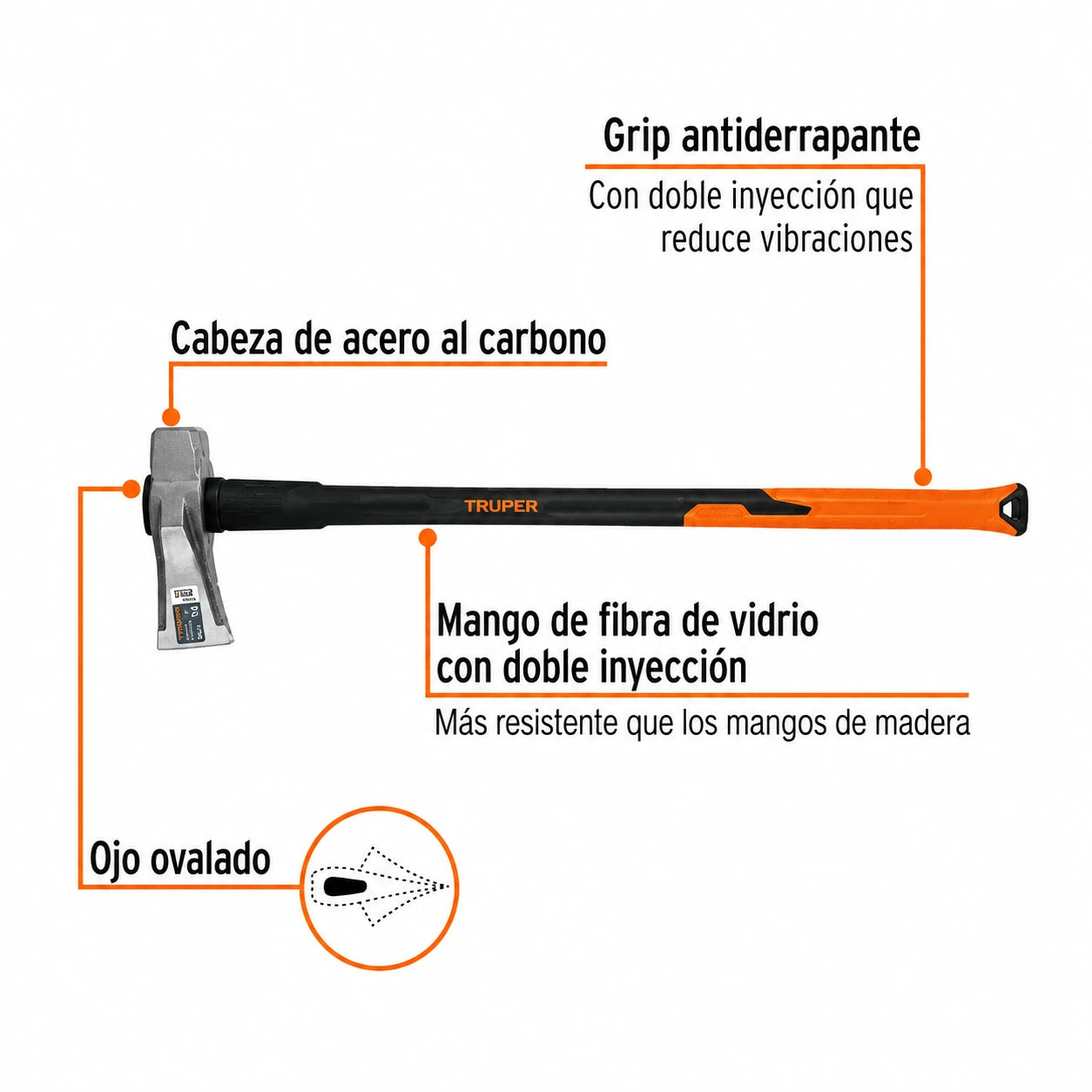 Hacha profesional Truper TJR-8FX de 8 libras para rajar madera con mango de fibra de vidrio de 91 cm de largo.