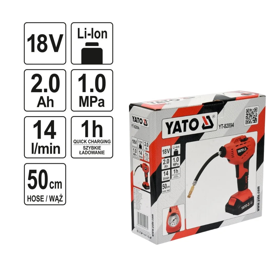 Compresor de aire Yato inalámbrico 18V Li-ion, presión máxima 10 bar / 150 PSI, incluye batería 2 Ah y cargador rápido.