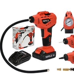 Compresor de aire Yato inalámbrico 18V Li-ion, presión máxima 10 bar / 150 PSI, incluye batería 2 Ah y cargador rápido.