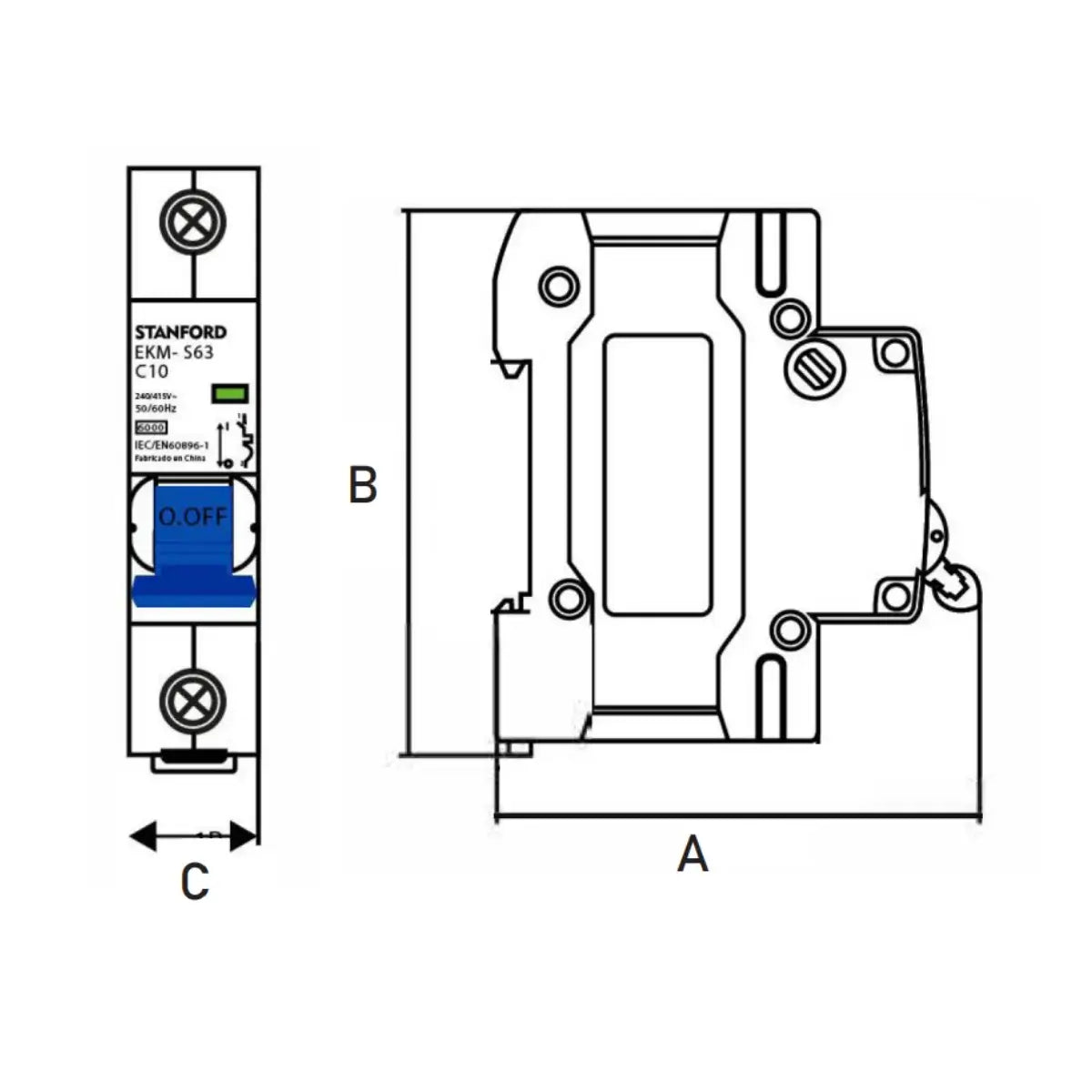 Interruptor automático unipolar de 16A y 6kA con curva C de la marca Stanford