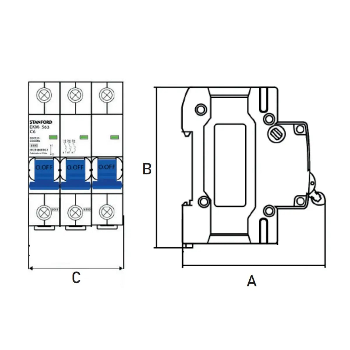 Interruptor automático trifásico de 3x40A y 6kA con curva C de la marca Stanford