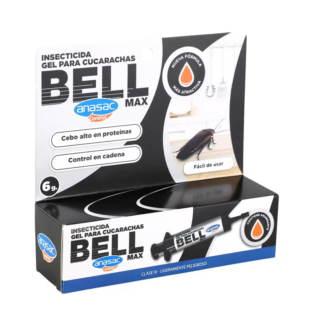 Pack 6 jeringas Bell Max Gel Anasac 6g, cebo de alta efectividad para eliminar cucarachas, ideal para cocinas y áreas internas.