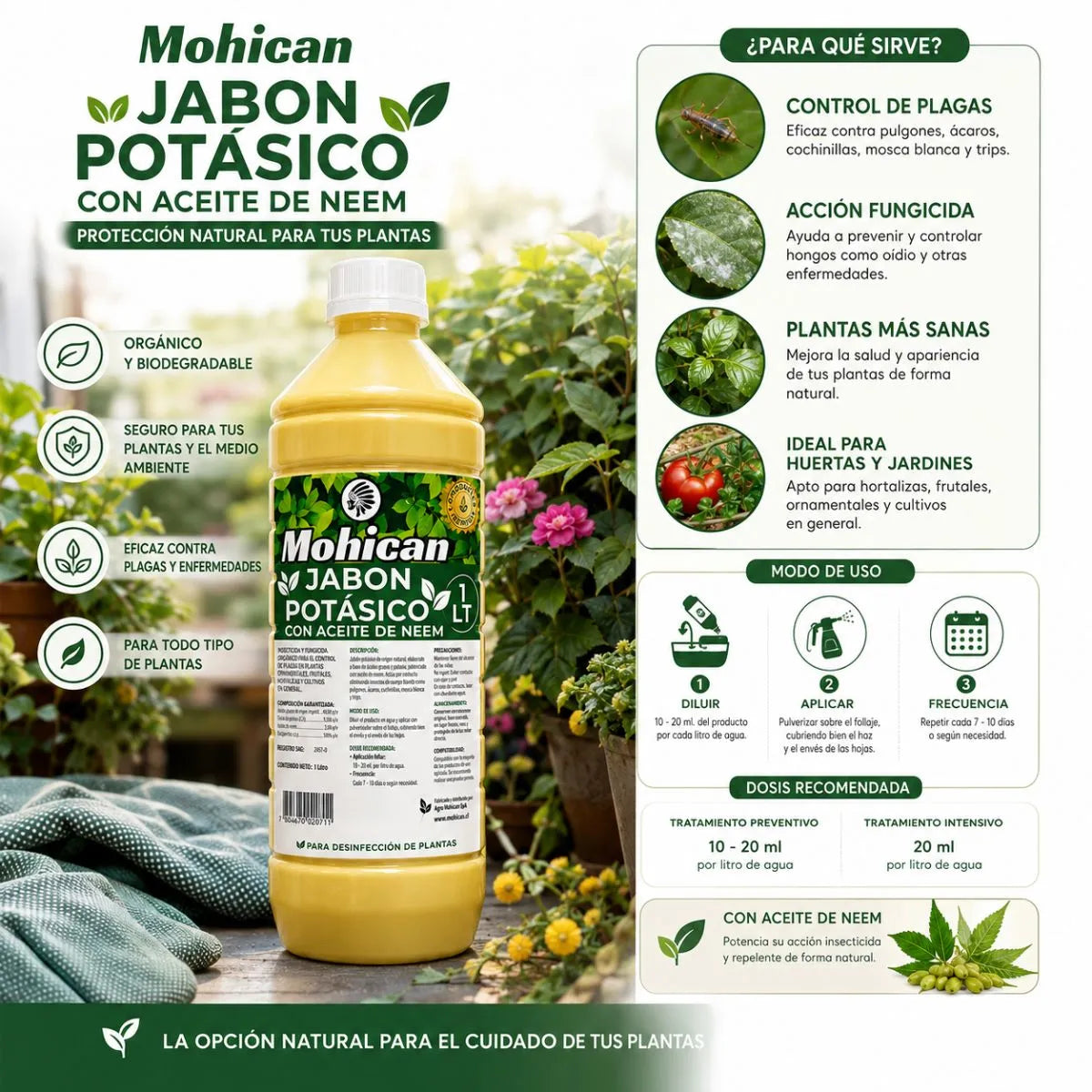 Jabón potásico concentrado con aceite de neem Mohican de 1 litro