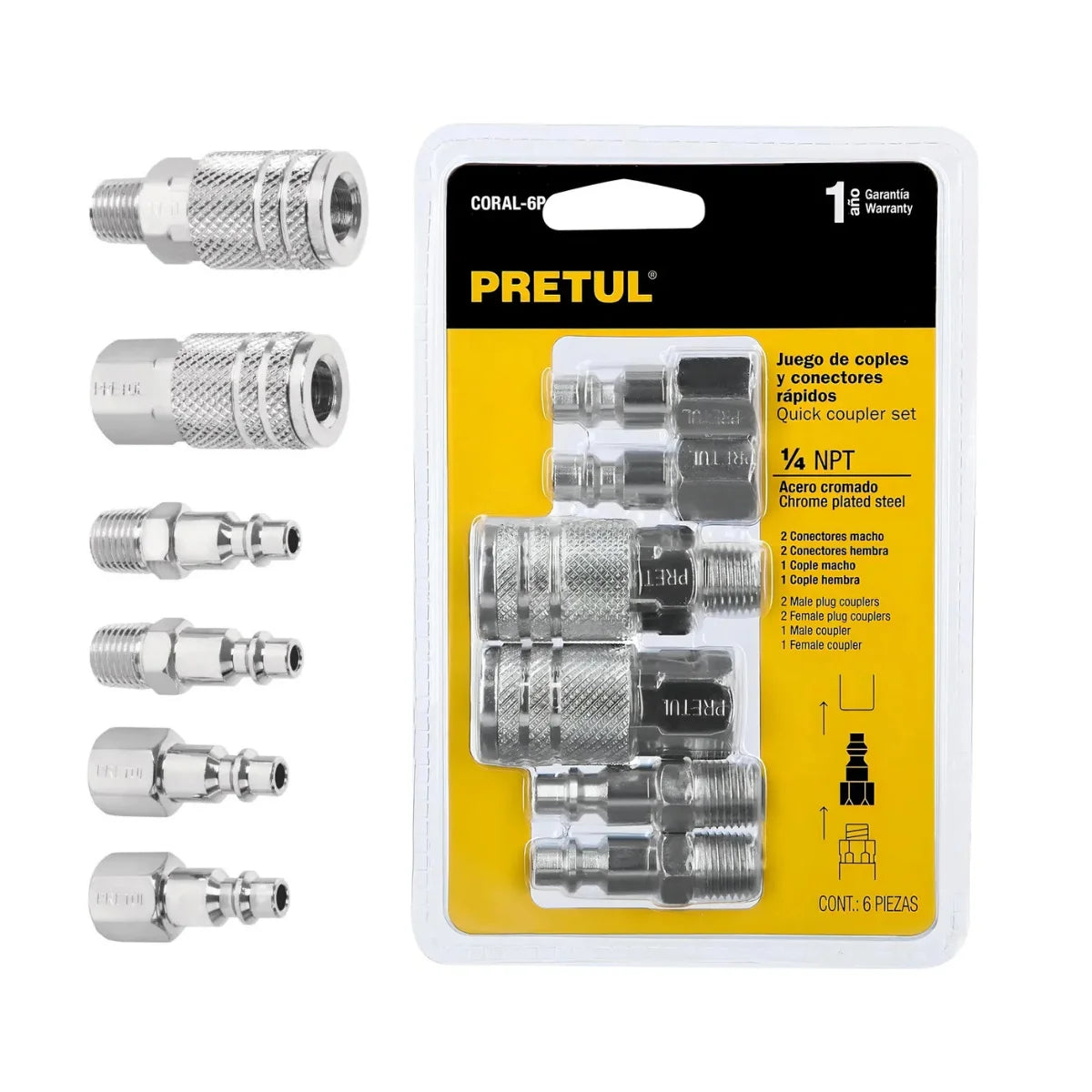 Kit de 6 acoples rápidos Pretul para compresor de aire, incluye coples y conectores macho/hembra tipo estándar.