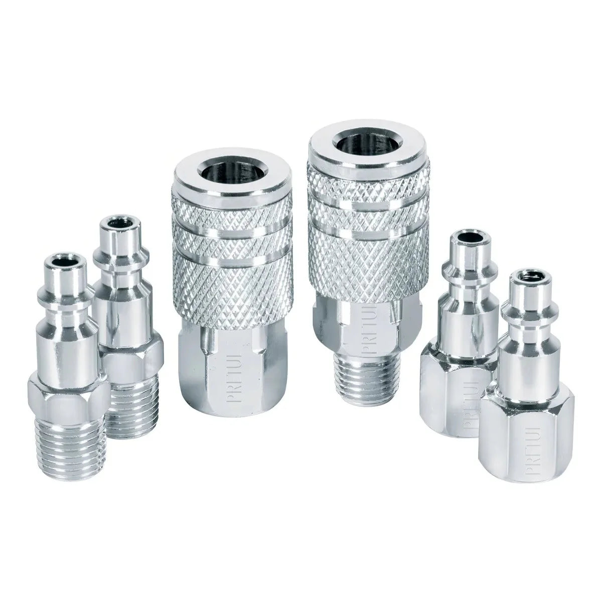 Kit de 6 acoples rápidos Pretul para compresor de aire, incluye coples y conectores macho/hembra tipo estándar.
