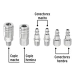 Kit de 6 acoples rápidos Pretul para compresor de aire, incluye coples y conectores macho/hembra tipo estándar.