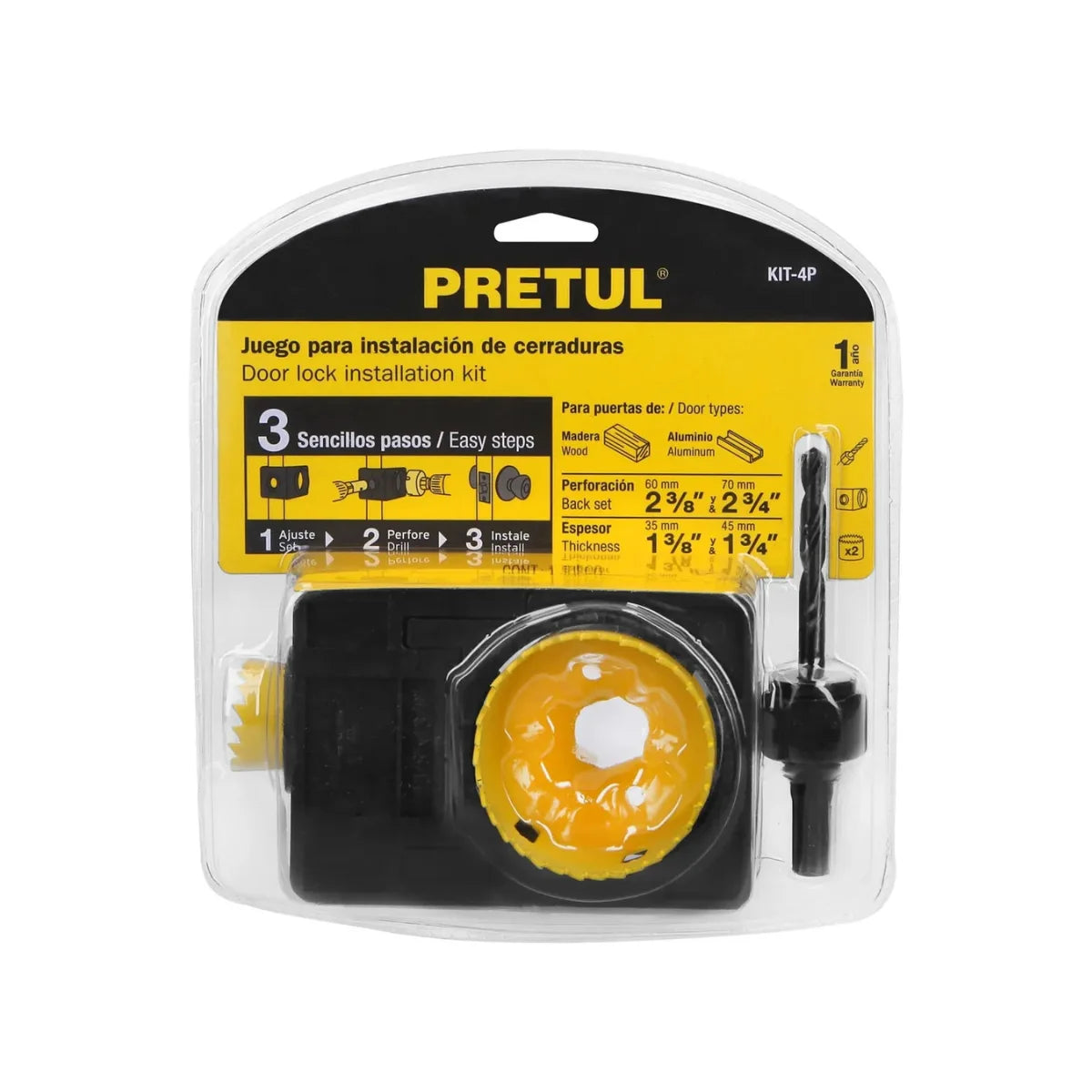 Kit de instalación de cerraduras Pretul con sierra copa de acero al carbono y plantilla ajustable para puertas de 35mm a 45mm.