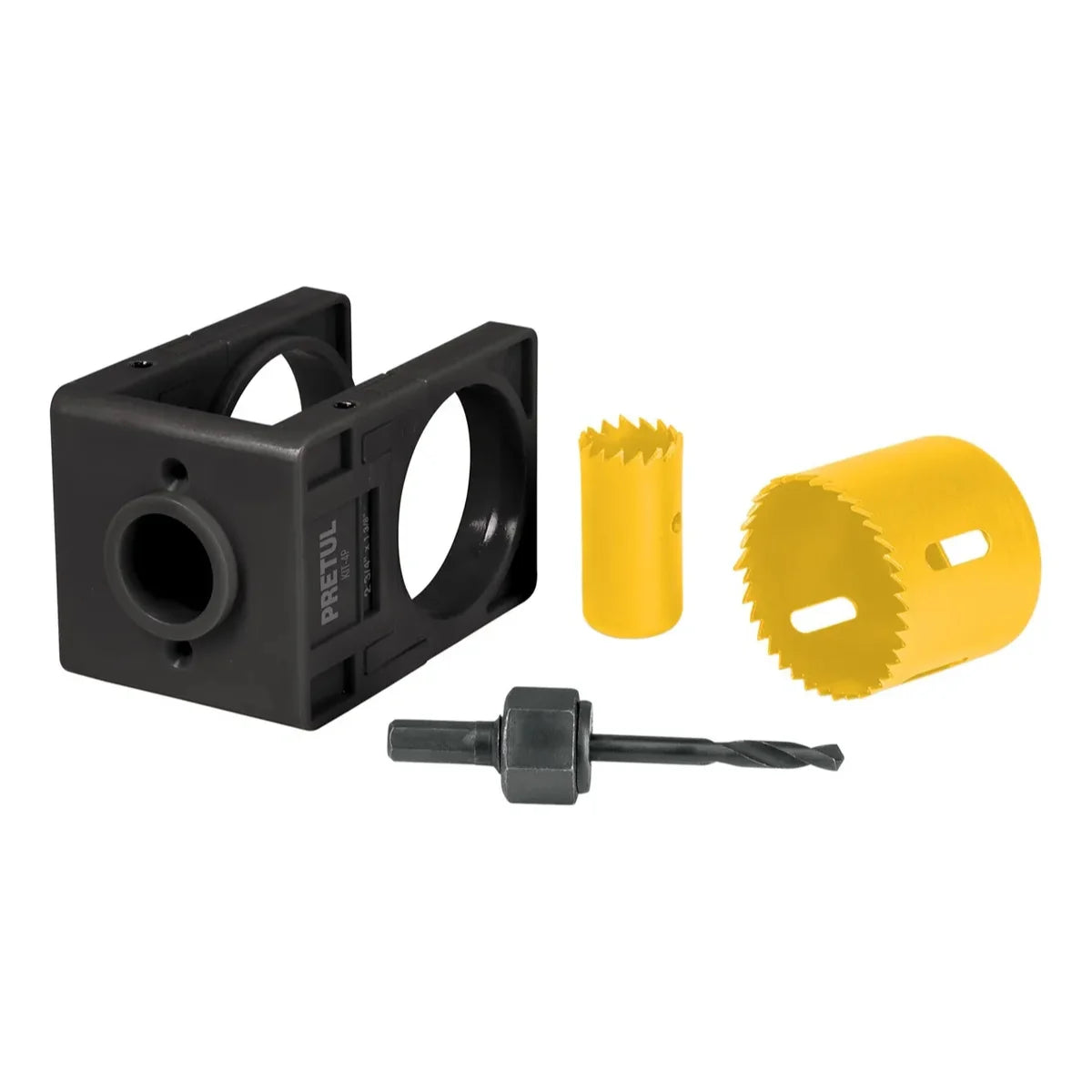 Kit de instalación de cerraduras Pretul con sierra copa de acero al carbono y plantilla ajustable para puertas de 35mm a 45mm.