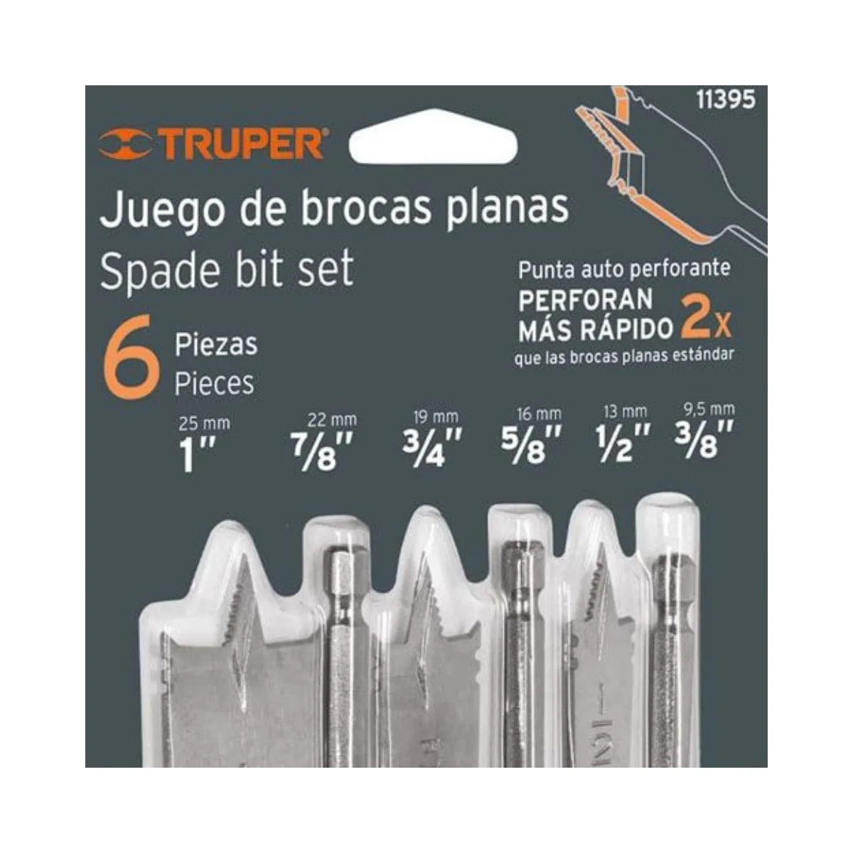 Juego de brocas planas Truper de acero al carbono con punta triscada 6X para madera y laminados, medidas de 3/8 a 1 pulgada.