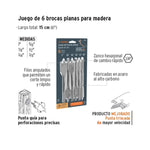 Juego de brocas planas Truper de acero al carbono con punta triscada 6X para madera y laminados, medidas de 3/8 a 1 pulgada.