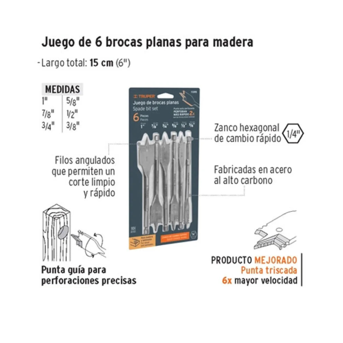Juego de brocas planas Truper de acero al carbono con punta triscada 6X para madera y laminados, medidas de 3/8 a 1 pulgada.