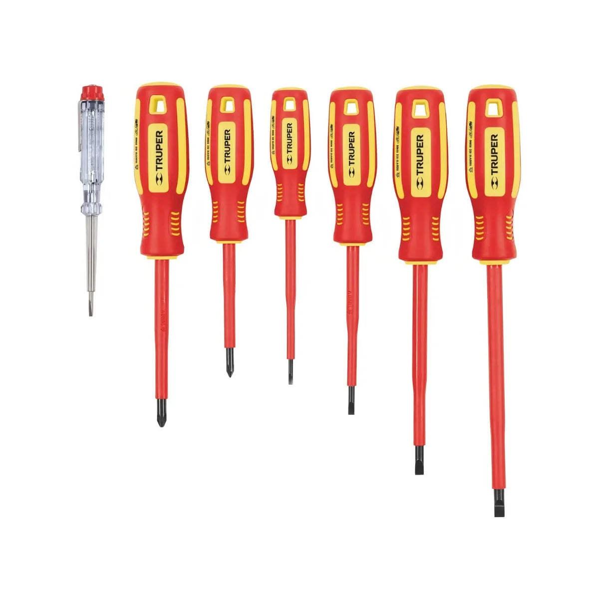 Juego de destornilladores dieléctricos aislados hasta 1.000V con puntas de cromo vanadio y probador de voltaje 100-250V.
