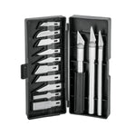 Kit de cuchillos de precisión Pretul con 13 cuchillas intercambiables de acero SK5 y mangos ergonómicos para manualidades y artes gráficas.
