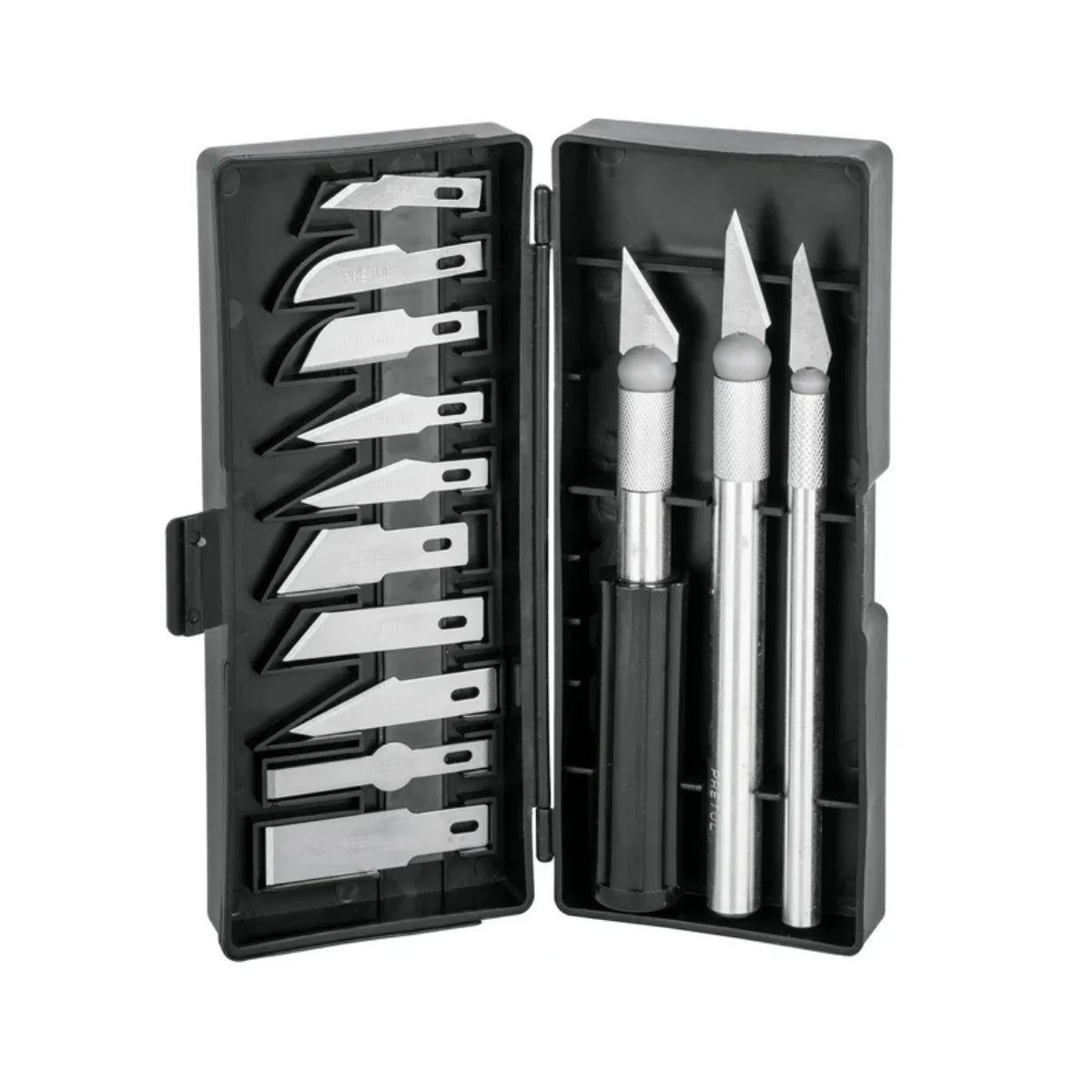 Kit de cuchillos de precisión Pretul con 13 cuchillas intercambiables de acero SK5 y mangos ergonómicos para manualidades y artes gráficas.
