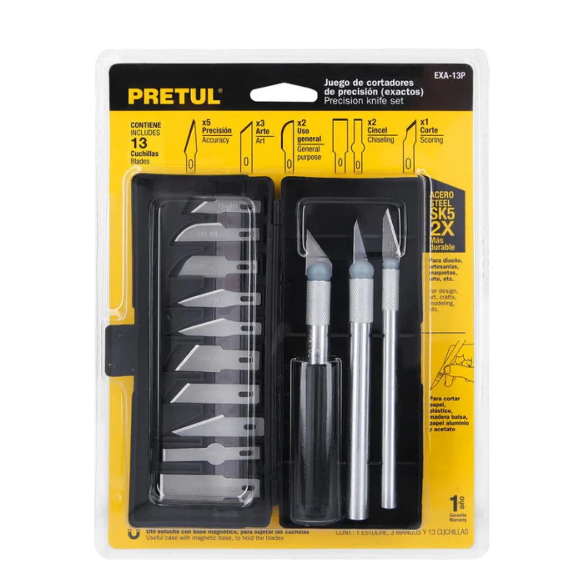 Kit de cuchillos de precisión Pretul con 13 cuchillas intercambiables de acero SK5 y mangos ergonómicos para manualidades y artes gráficas. 