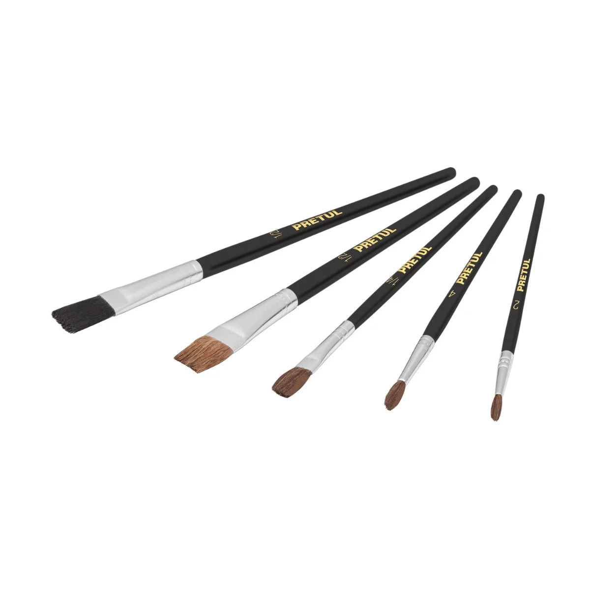 Juego de pinceles Pretul para óleo, acrílico y acuarela, incluye 5 piezas de cerda natural con puntas finas y mango ergonómico.