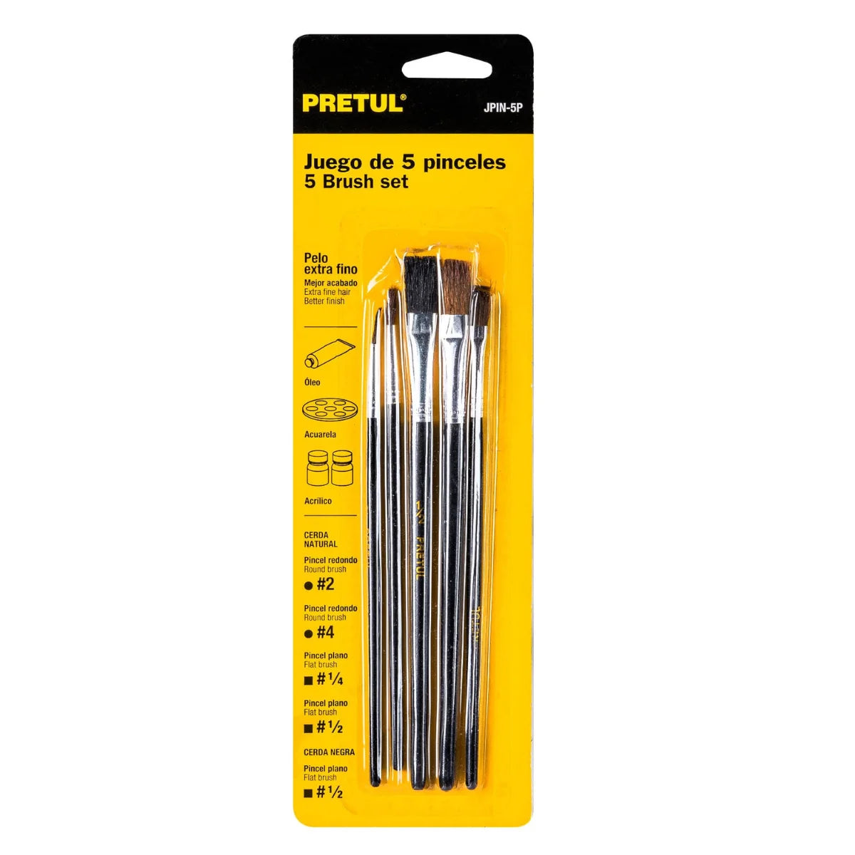 Juego de pinceles Pretul para óleo, acrílico y acuarela, incluye 5 piezas de cerda natural con puntas finas y mango ergonómico.