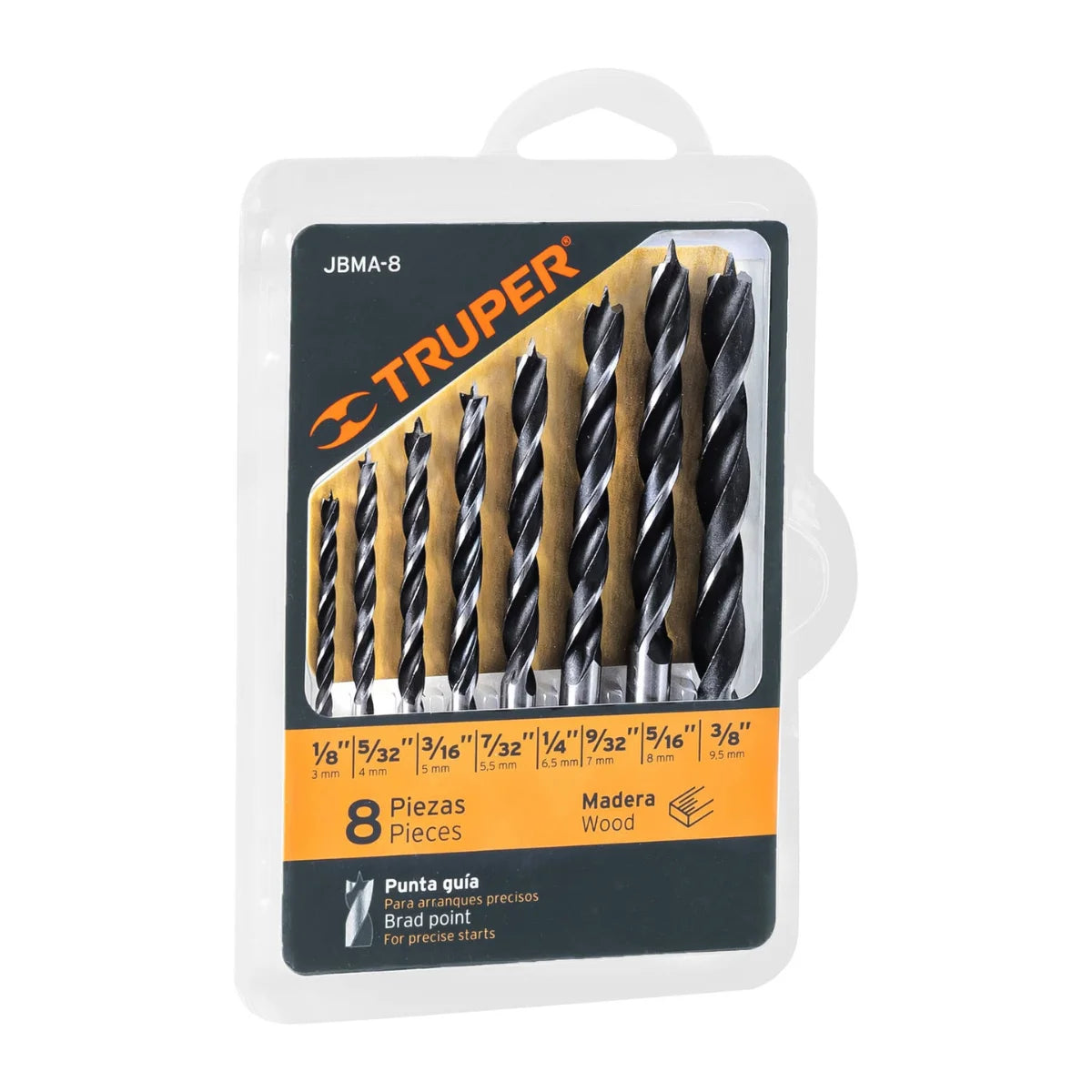 Juego de brocas Truper de 8 piezas para madera con punta centradora de precisión y medidas de 1/8 a 3/8 de pulgada.