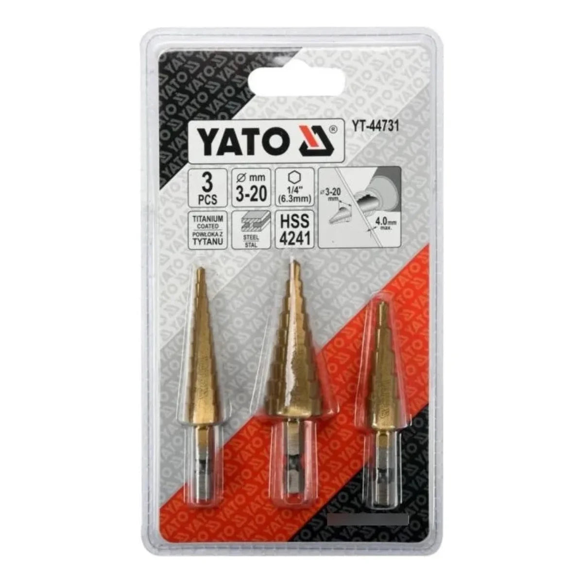 Juego de 3 brocas conicas escalonadas YATO de 3 a 20 mm en acero de alta velocidad HSS con recubrimiento de titanio para perforar metales.