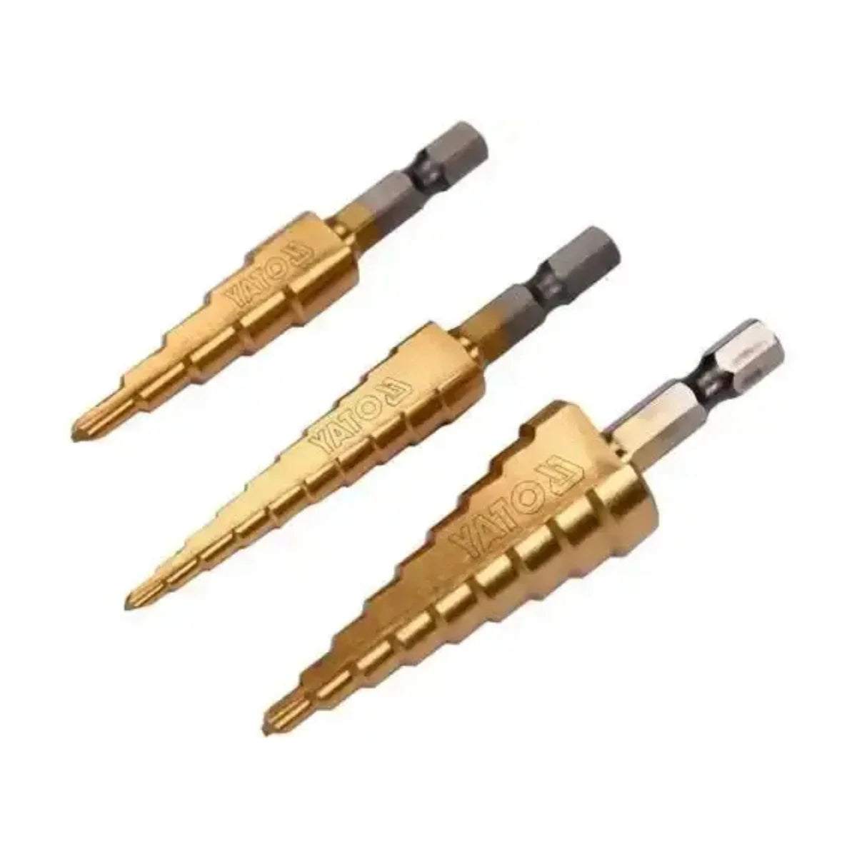 Juego de 3 brocas conicas escalonadas YATO de 3 a 20 mm en acero de alta velocidad HSS con recubrimiento de titanio para perforar metales.