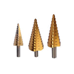 Juego de 3 brocas conicas escalonadas YATO de 3 a 20 mm en acero de alta velocidad HSS con recubrimiento de titanio para perforar metales.
