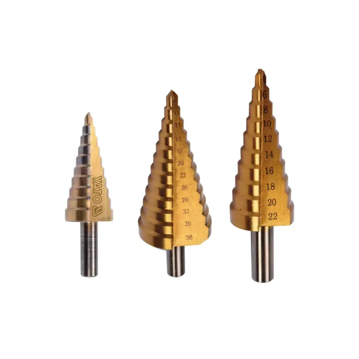 Juego de 3 brocas conicas escalonadas YATO de 3 a 20 mm en acero de alta velocidad HSS con recubrimiento de titanio para perforar metales.
