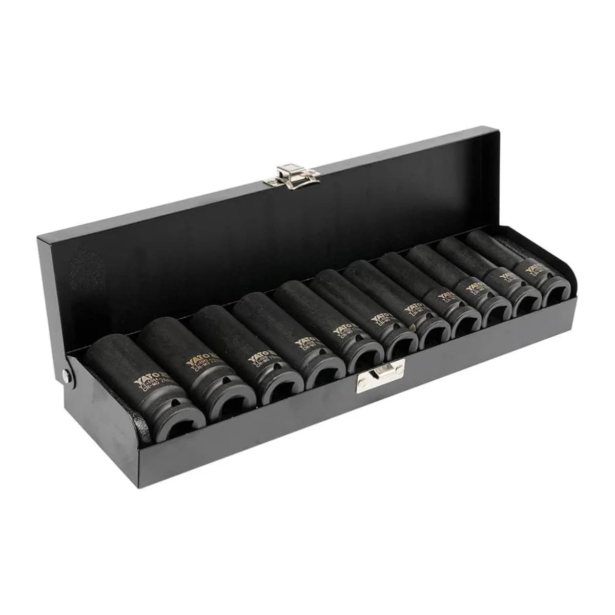 Juego de 11 dados de impacto largos marca YATO, fabricados en acero CrMo SCM-440 para llaves neumáticas, medidas de 10mm a 24mm.