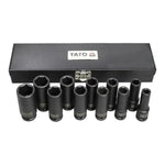 Juego de 11 dados de impacto largos marca YATO, fabricados en acero CrMo SCM-440 para llaves neumáticas, medidas de 10mm a 24mm.