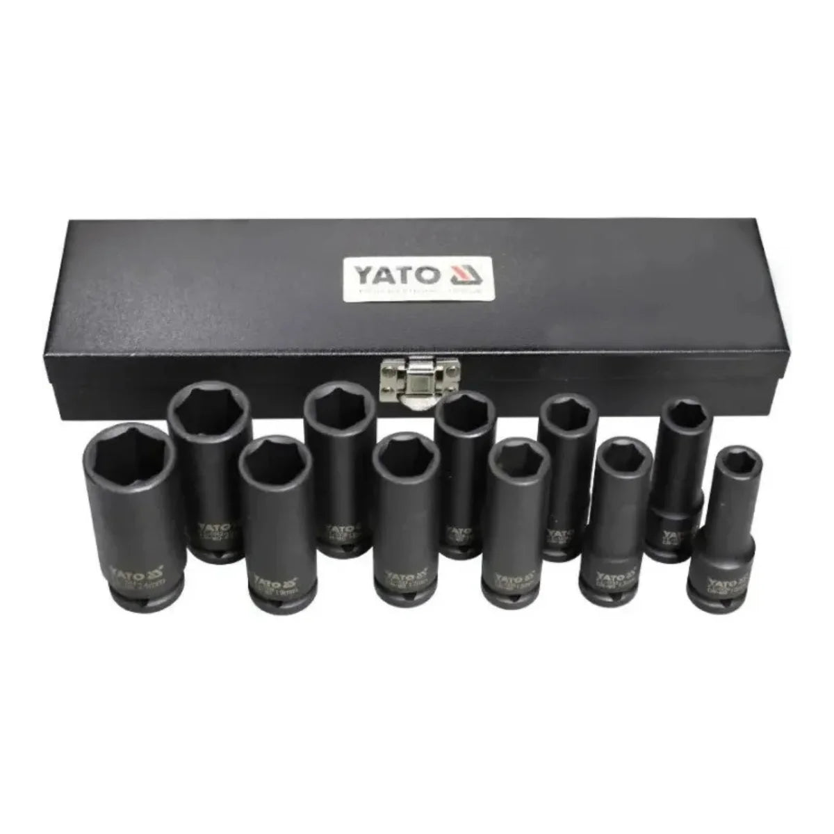 Juego de 11 dados de impacto largos marca YATO, fabricados en acero CrMo SCM-440 para llaves neumáticas, medidas de 10mm a 24mm.