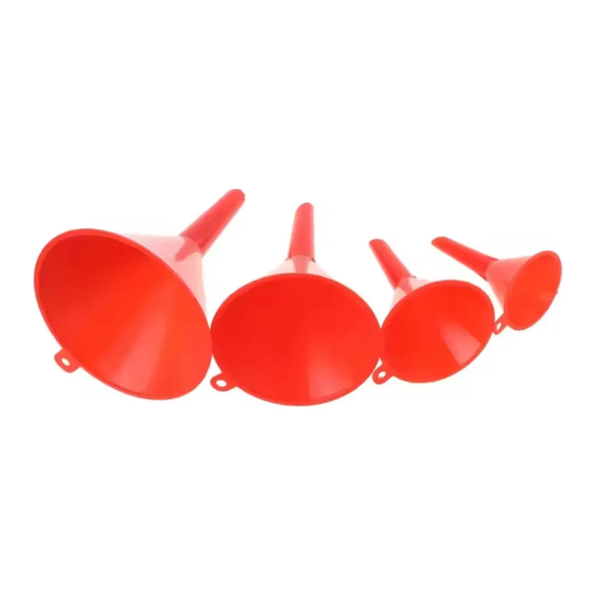 Set de 4 embudos plásticos multiuso de color rojo en distintas medidas.