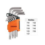 Juego de 9 llaves Torx Truper de acero cromo vanadio en organizador plástico naranja.
