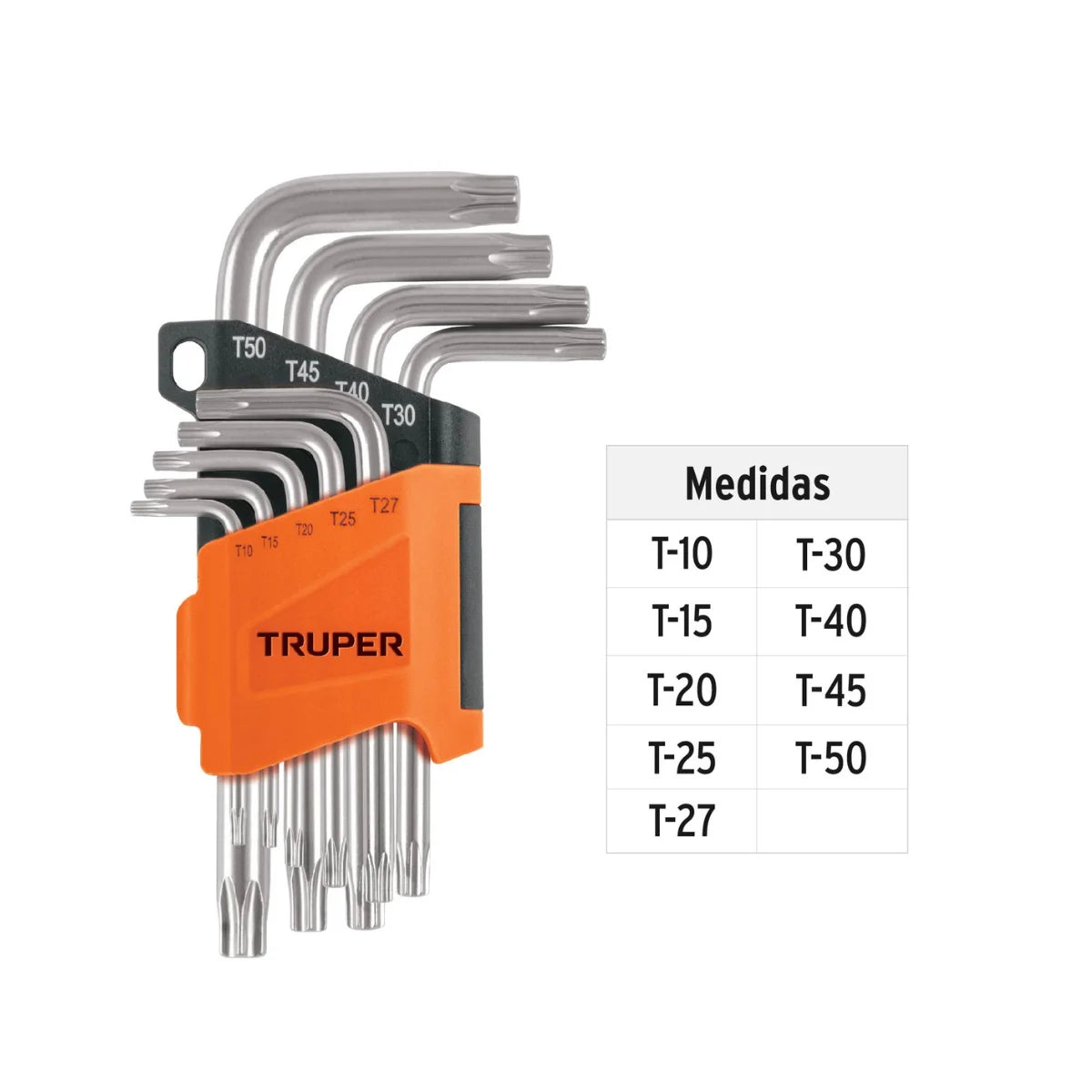 Juego de 9 llaves Torx Truper de acero cromo vanadio en organizador plástico naranja.