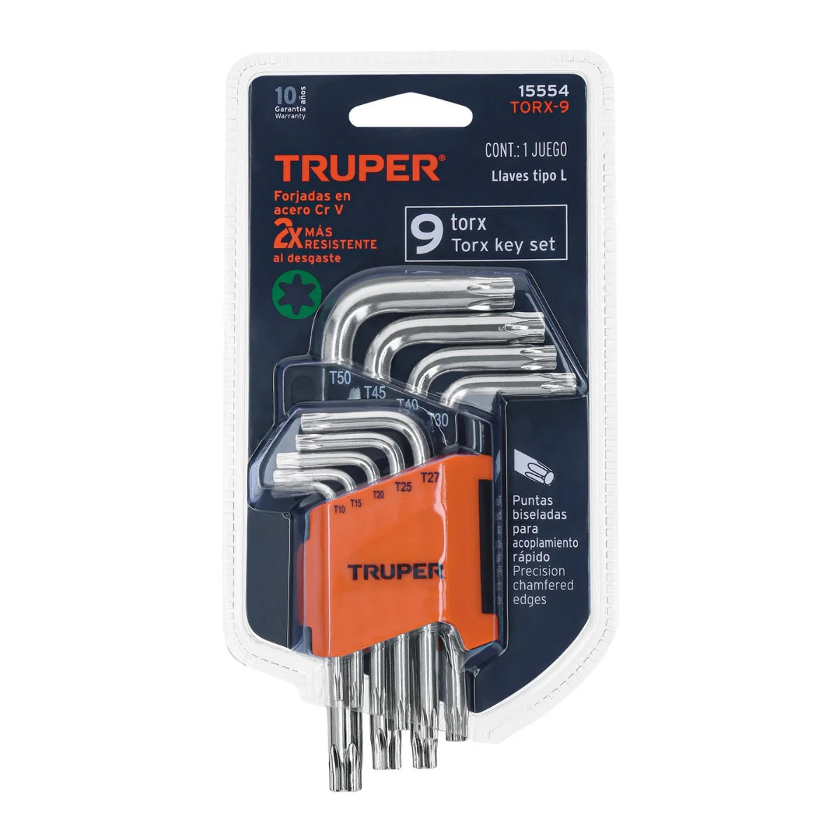 Juego de 9 llaves Torx Truper de acero cromo vanadio en organizador plástico naranja.