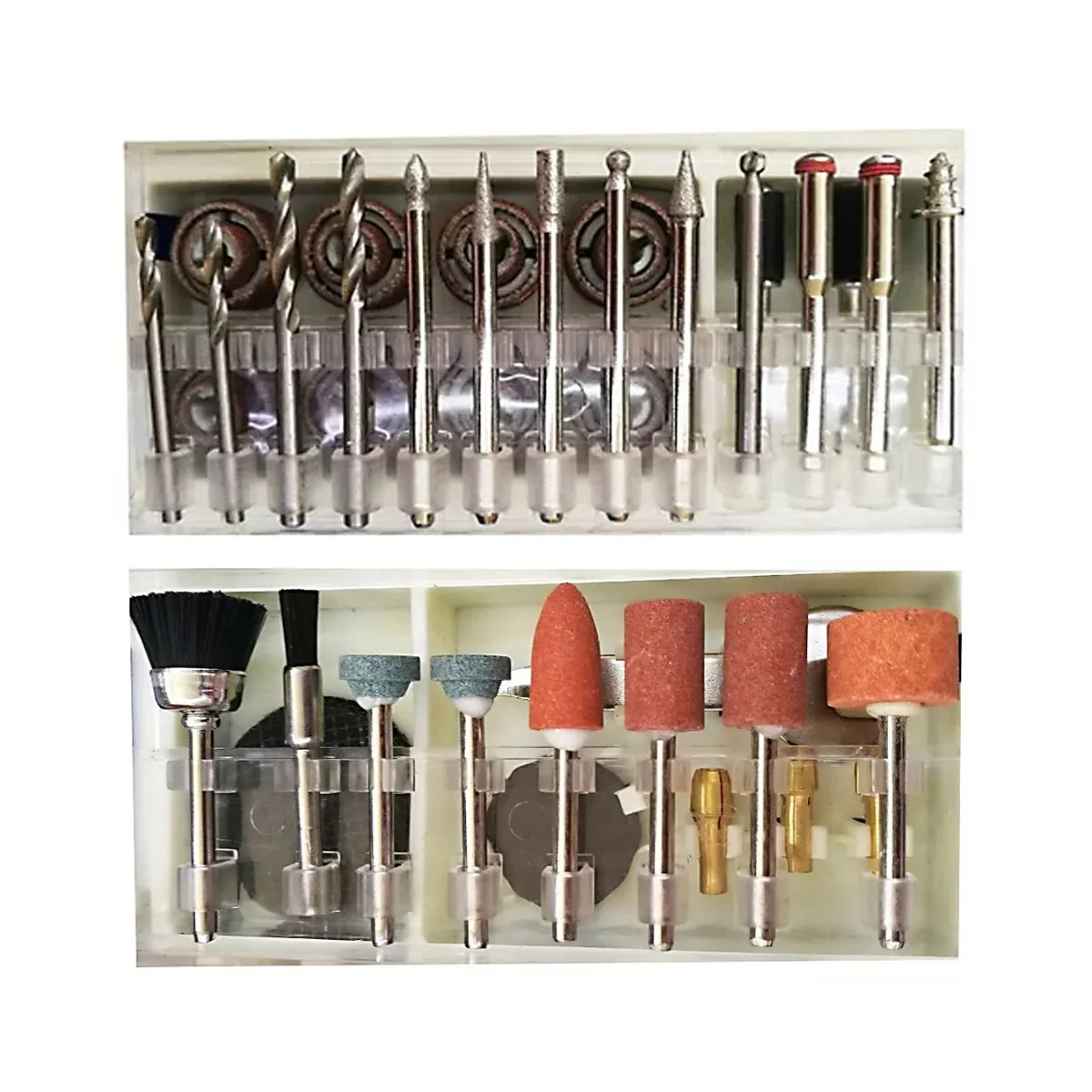 Set de 145 accesorios marca Flovi para herramienta rotativa tipo Dremel, incluye maleta rígida y puntas para pulir, cortar y grabar.