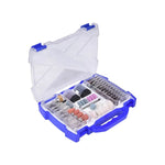Set de 145 accesorios marca Flovi para herramienta rotativa tipo Dremel, incluye maleta rígida y puntas para pulir, cortar y grabar.