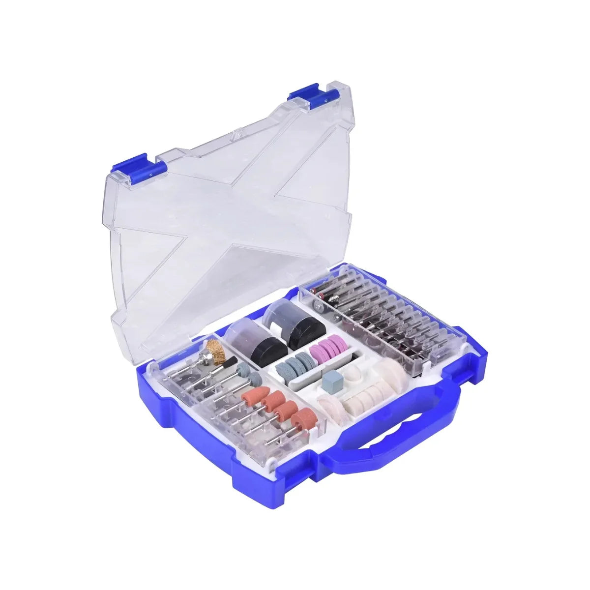 Set de 145 accesorios marca Flovi para herramienta rotativa tipo Dremel, incluye maleta rígida y puntas para pulir, cortar y grabar.