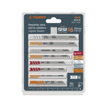 Set de 16 hojas para sierra caladora marca Truper, encastre universal tipo U, para madera, metal y materiales especiales.